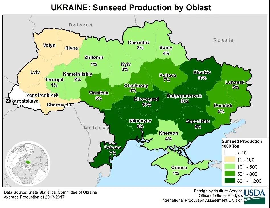 图1 乌克兰及俄罗斯葵花籽产区分布图全球葵花籽油的产增贡献主要